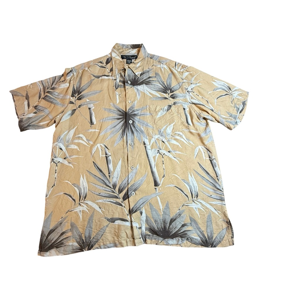 Tori Richard Mens Large Silk Bamboo Palm Print Aloha Camp Shirt Tan Grey L VTG
